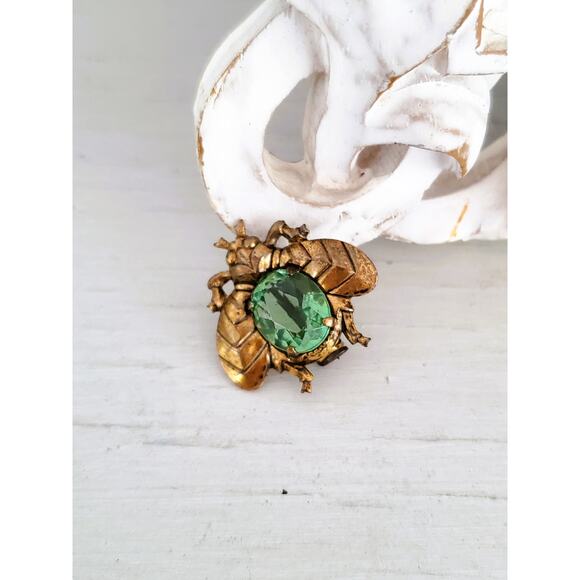 Vintage Green Glass Brass Bug Fly Brooch - Picture 1 of 6